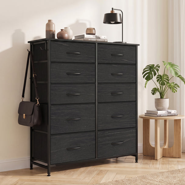 HOMCOM Chest of Drawers, Dresser with 10 Fabric Drawers, Tall Storage Unit with 4 Pockets and 2 Hooks Steel Frame, Black – view 2
