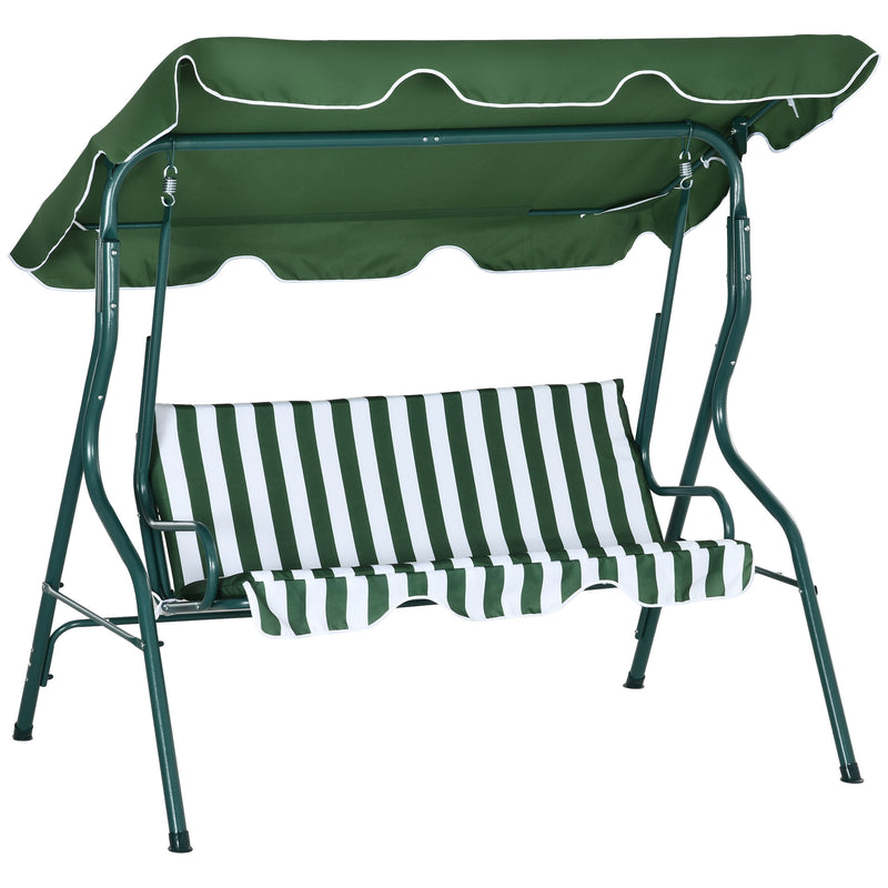 Green and white striped 3-seater garden swing seat with adjustable canopy and steel frame