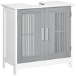 Grey and white under sink cabinet with slatted doors and U-shaped pipe cut-out