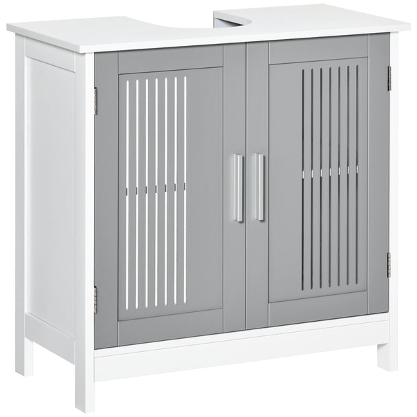 Grey and white under sink cabinet with slatted doors and U-shaped pipe cut-out