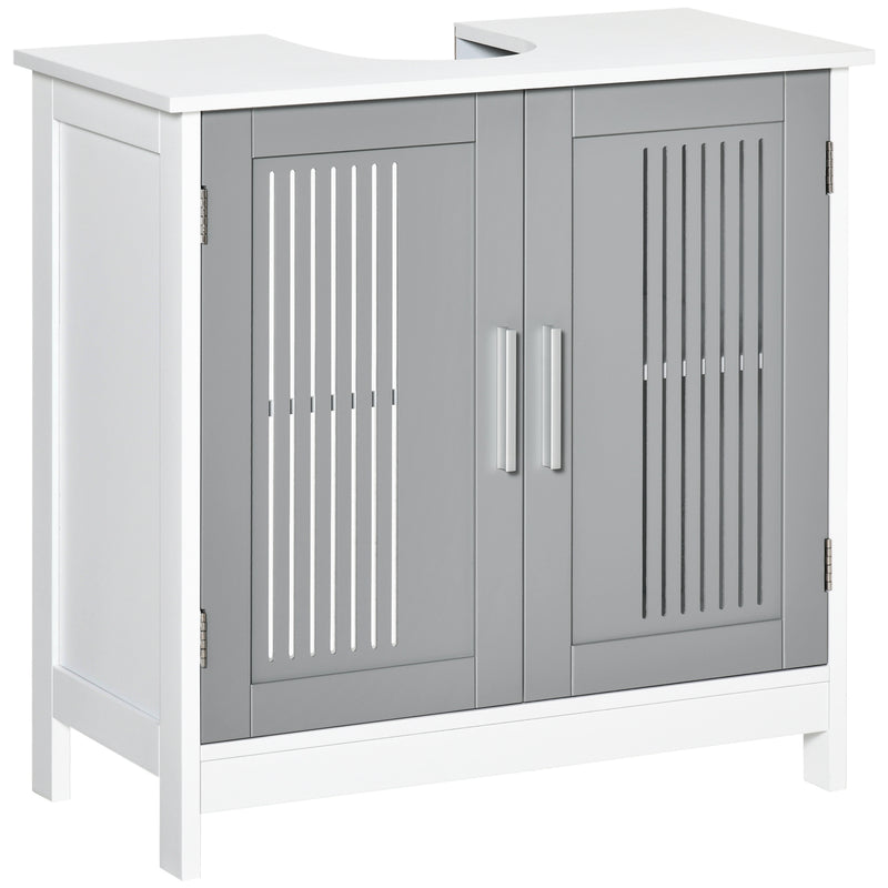 Grey and white under sink cabinet with slatted doors and U-shaped pipe cut-out