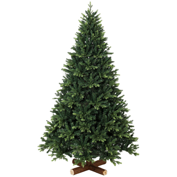 7ft very full green artificial Christmas tree on a solid fir wood base