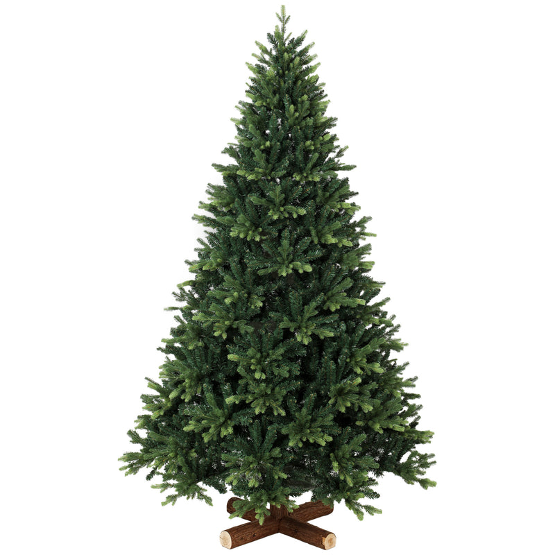 7ft very full green artificial Christmas tree on a solid fir wood base