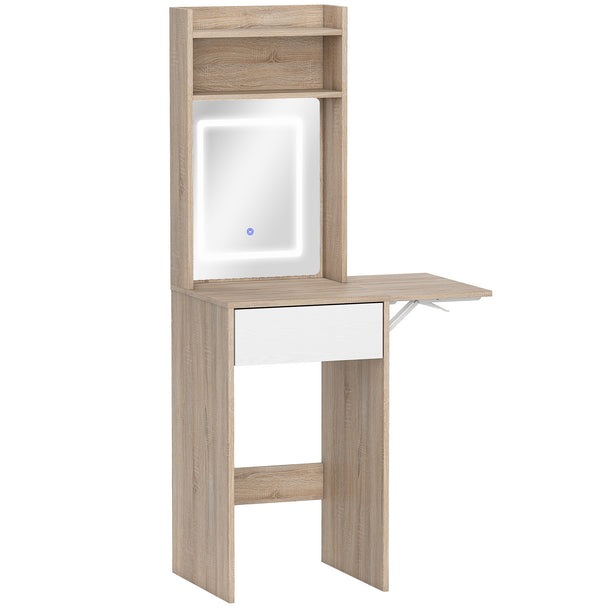 Natural wood compact dressing table with LED-lit mirror, drop leaf, two shelves and drawer