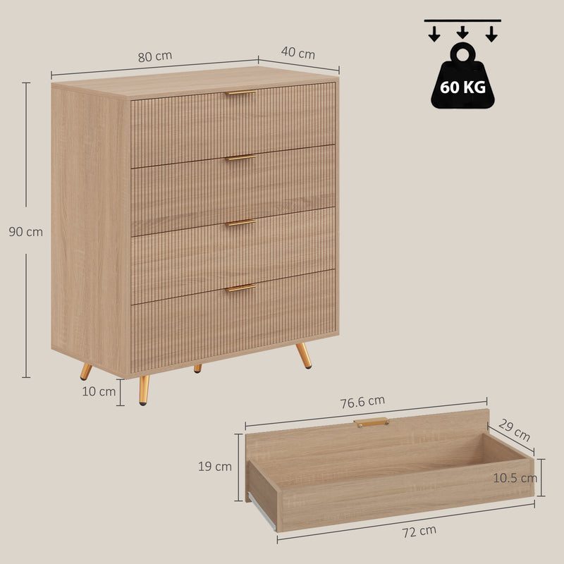 HOMCOM Bedroom Chest of Drawers with 4 Drawers, Fluted Dresser with Gold Tone Handles, Storage Cabinet, Natural – view 3