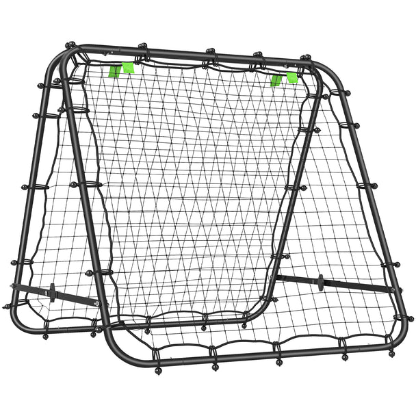 Black double-sided football rebounder net on a folding steel frame with adjustable angle