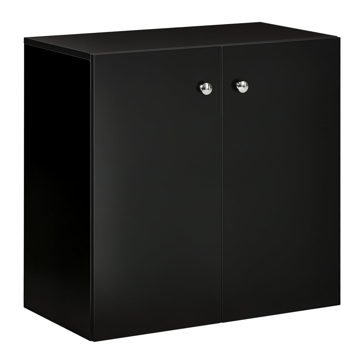 Black low storage cabinet with two doors, aluminium handles and two internal shelves