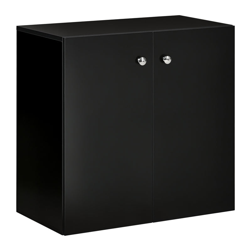 Black low storage cabinet with two doors, aluminium handles and two internal shelves