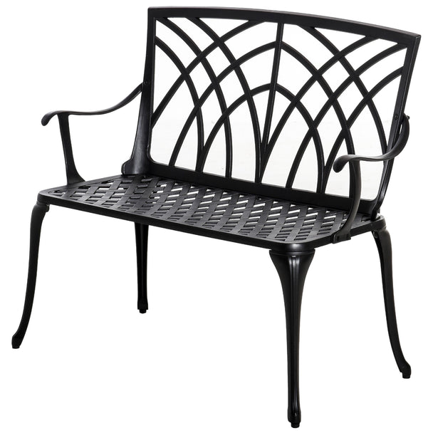Black compact cast aluminium 2-seater garden bench with curved line backrest