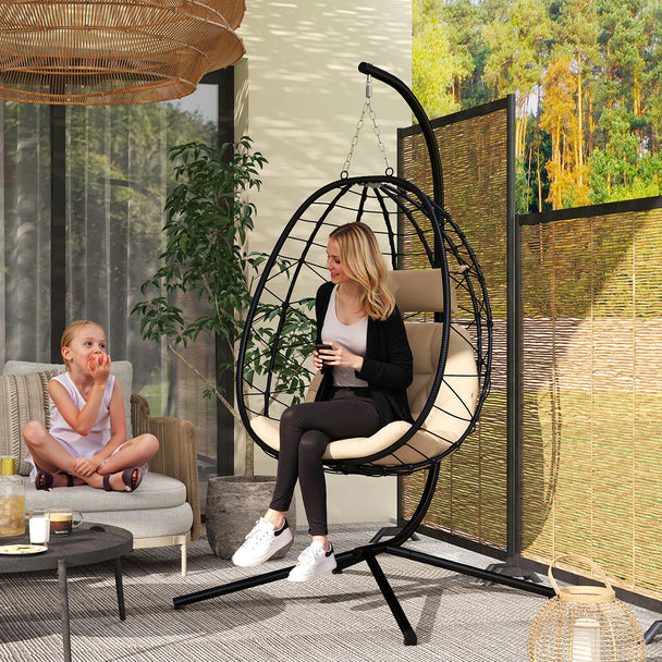 Outsunny Hanging Egg Chair Outdoor Indoor Garden Swing Chair with Folding Basket, Thickened Cushion, Garden Hanging – view 2
