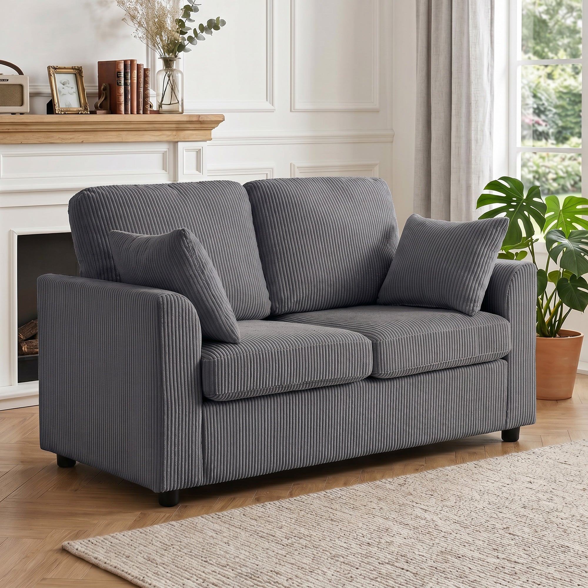 2 Seater Sofa, Corduroy Small Couch with Spring Cushion, Wide and Deep Seat, Dark Grey