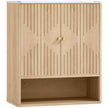 Oak and white wall-mounted bathroom cabinet with open shelf and rounded corners