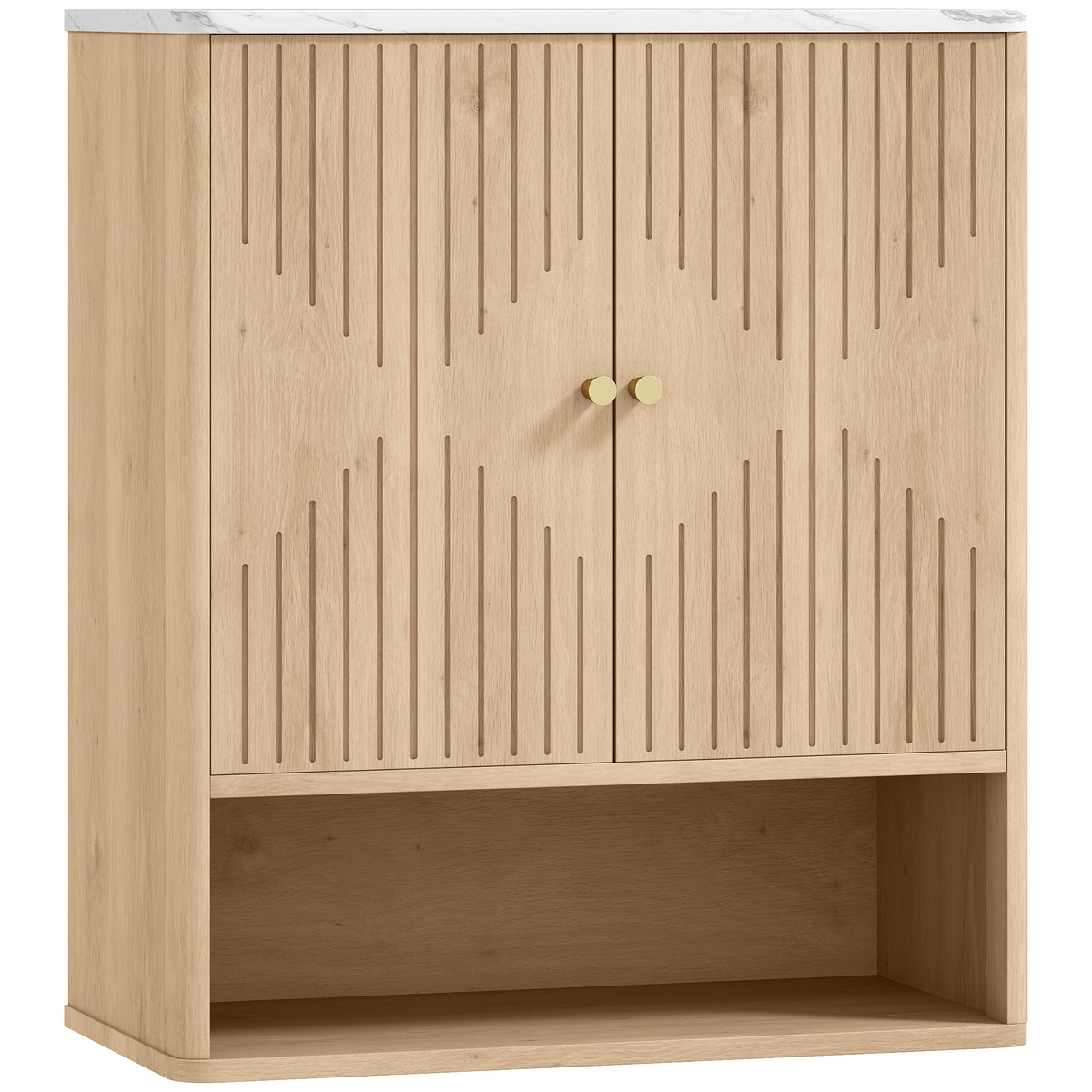 Oak and white wall-mounted bathroom cabinet with open shelf and rounded corners