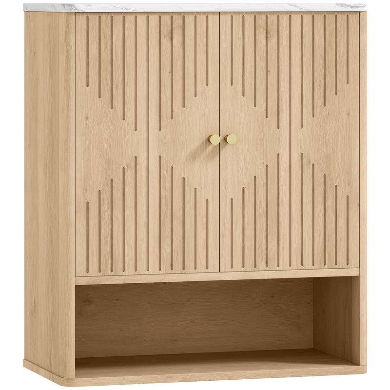 Oak and white wall-mounted bathroom cabinet with open shelf and rounded corners