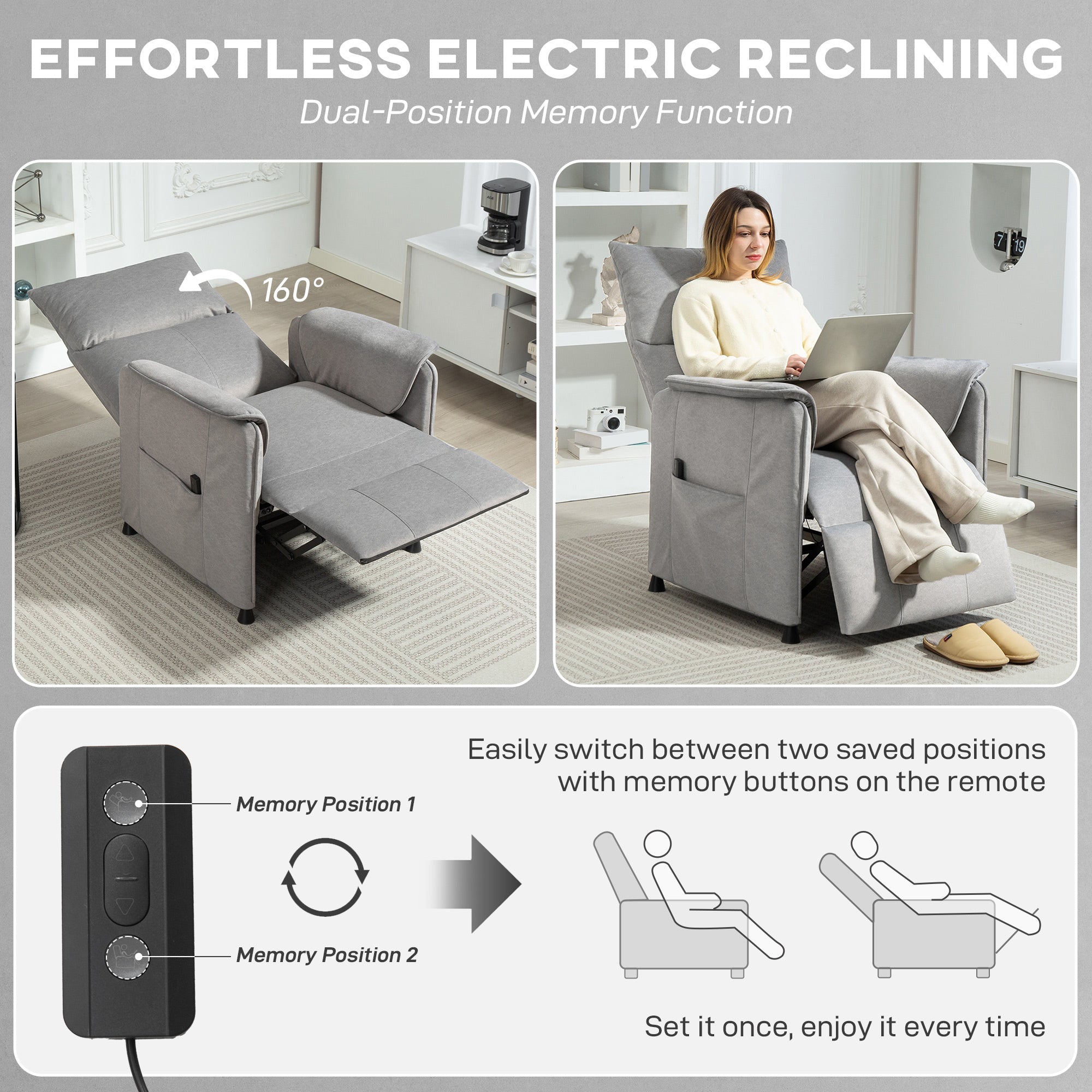 Power Recliner Chair, Reclining Chair with Remote, Pocket Springs, Silent Motor and Side Pockets, Grey