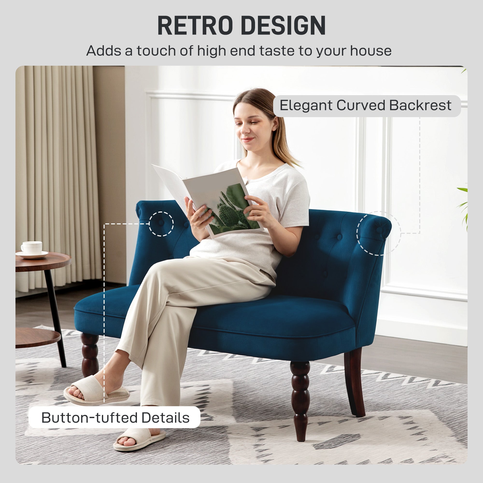 Velvet 2 Seater Sofa, Button Tufted Wingback Loveseat with Rubber Wood Legs for Living Room, Bedroom, Dark Blue