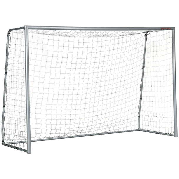 Grey 10 x 6.5 ft steel football goal with net set up on a garden lawn