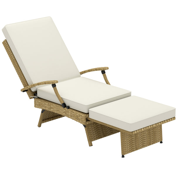 White rattan reclining chair with beige cushions, footstool and side tray