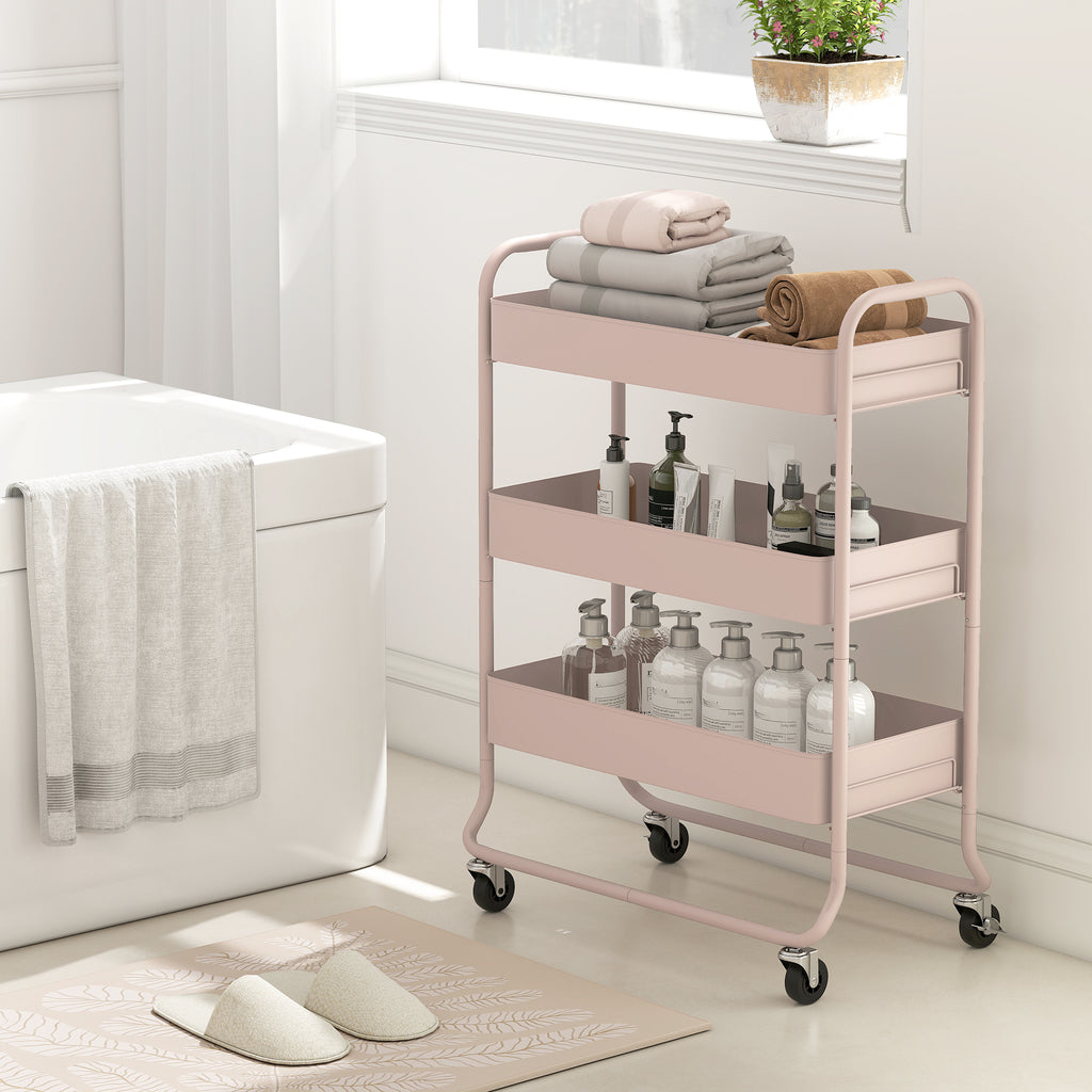 HOMCOM 3-Tier Storage Trolley on Wheels with Mesh Baskets - Light Pink