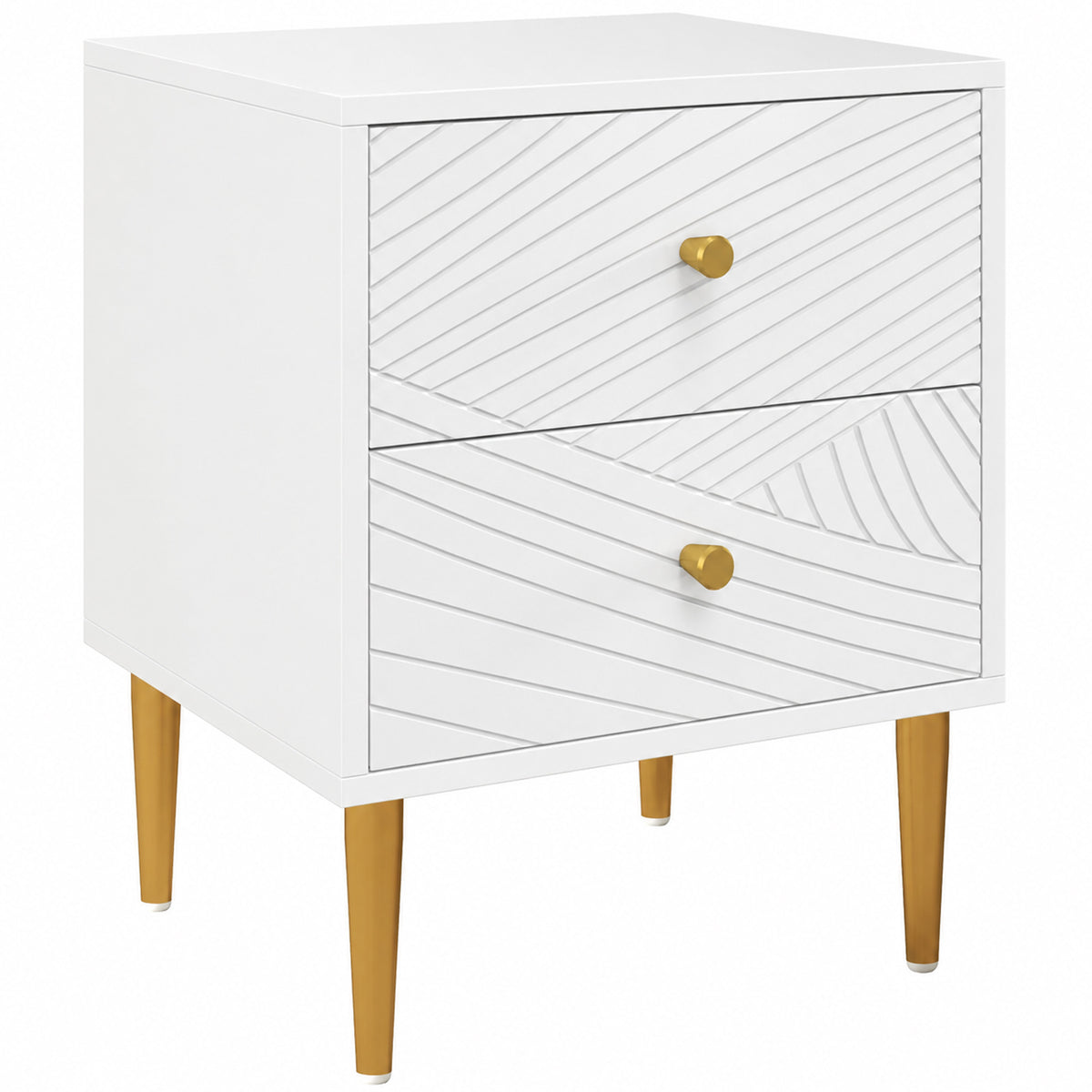 White 2-drawer bedside table with gold-tone handles and metal legs