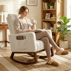 Rocking Chair for Adults, Lounge Rocker Chair with Lumbar Pillow, High Back, Wood Base, Side Pockets, Cream White
