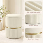 Round Storage Stool, Velvet-feel Fabric Upholstered Vanity Stool with Removable Top, Padded Seat and Hidden Space, Beige