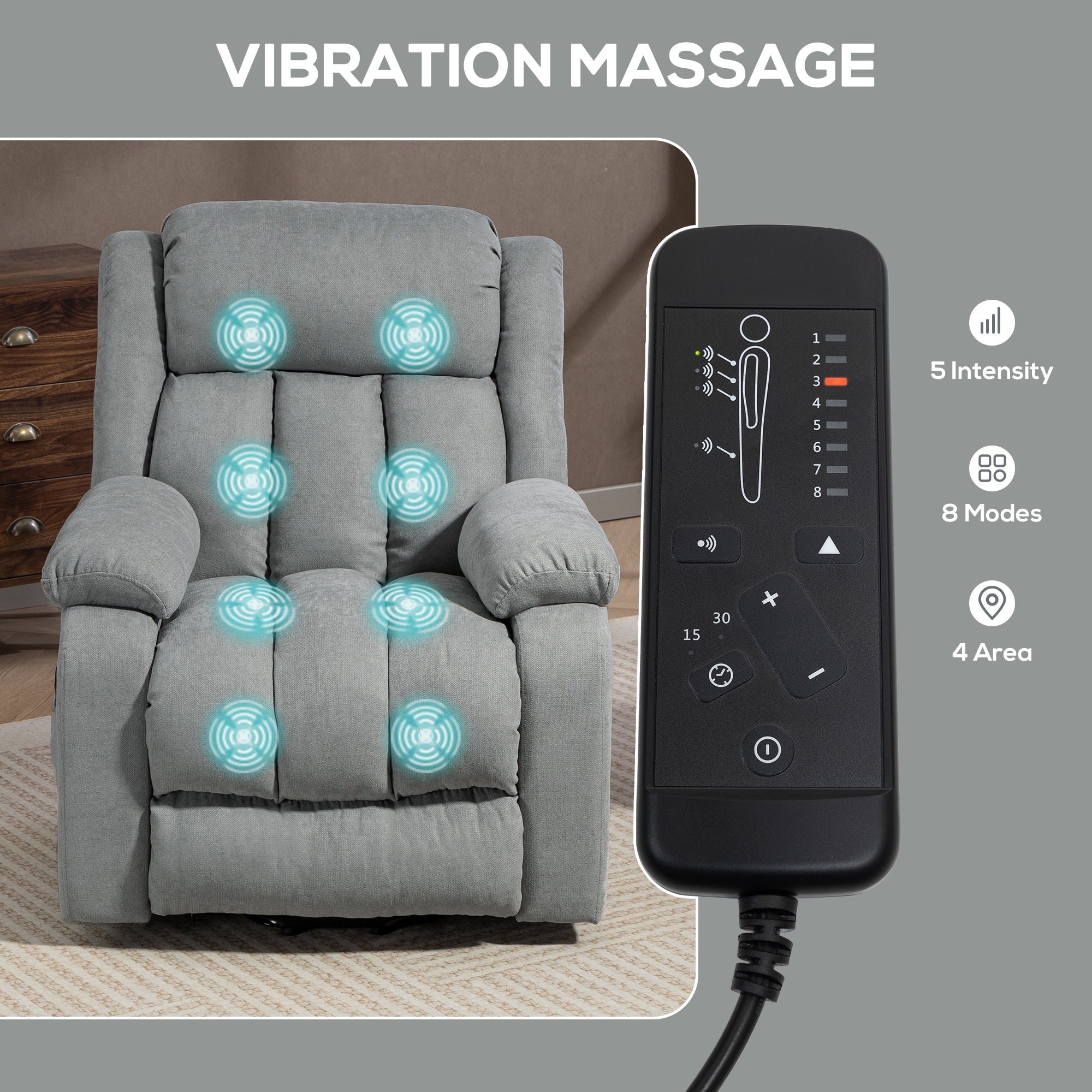 Power Lift Recliner Chair with Vibration Massage, Lift Chair for Elderly with Footrest, Remote, Side Pocket, Light Grey