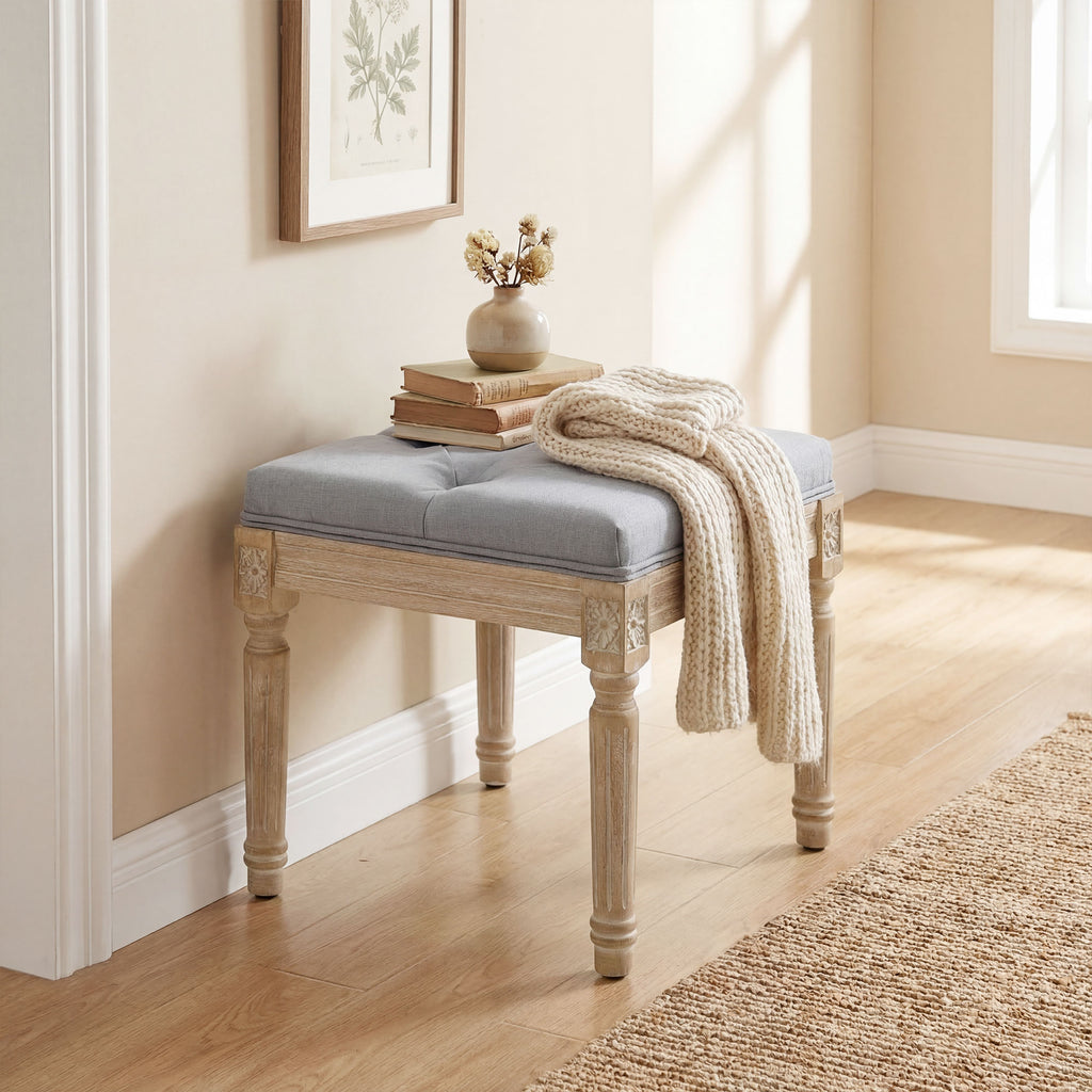 Vintage Foot Stool, Tufted Square Footrest with Wood Legs, Light Grey