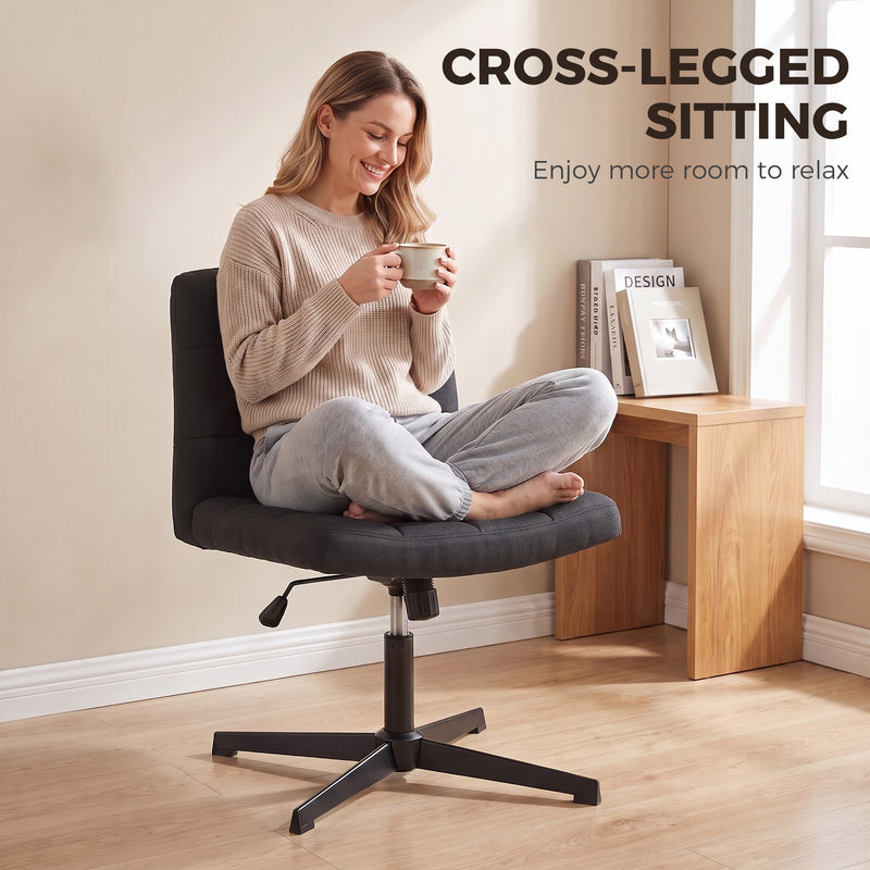 HOMCOM Armless Office Chair, Cross Legged Linen Computer Desk Vanity Chair with Wide Seat, Rocking Function, Black – view 4