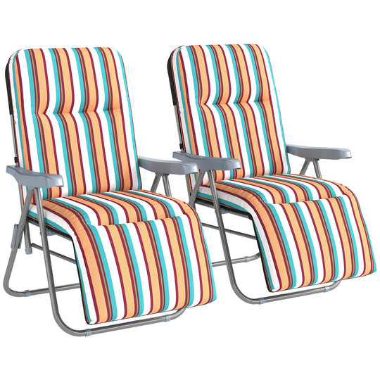 Set of two multicolour folding padded garden recliner chairs with steel frames