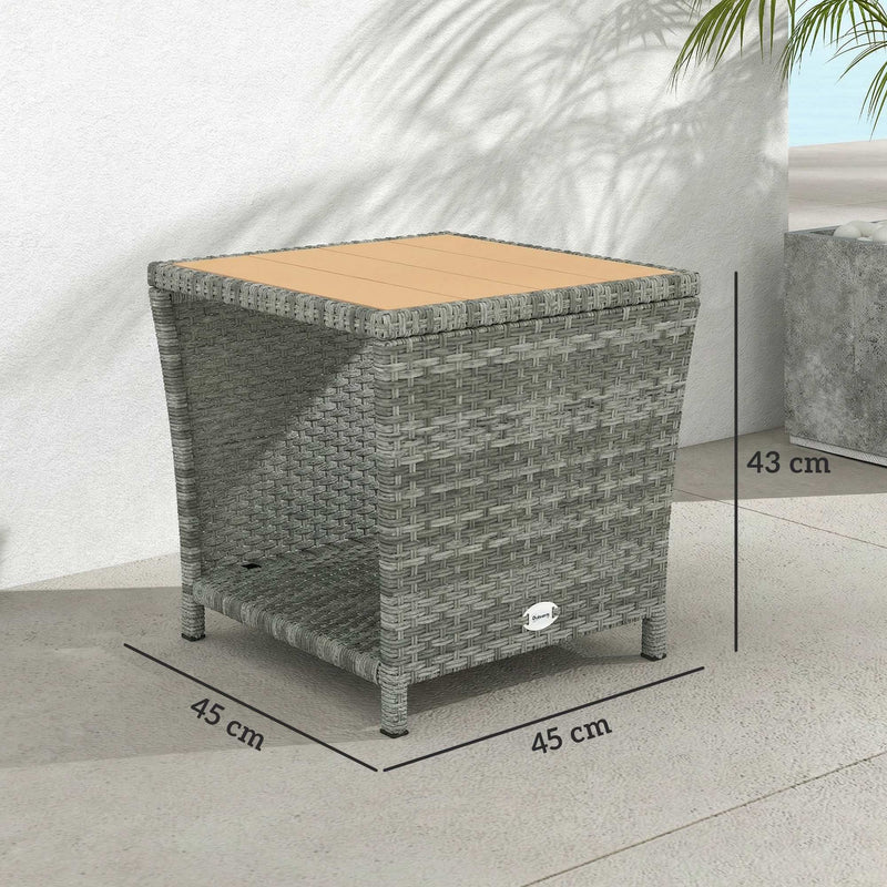 Outsunny Side Table 2-Tier Outdoor Coffee Table with Storage Shelf PS Wood Slat Top/Light Grey – view 3