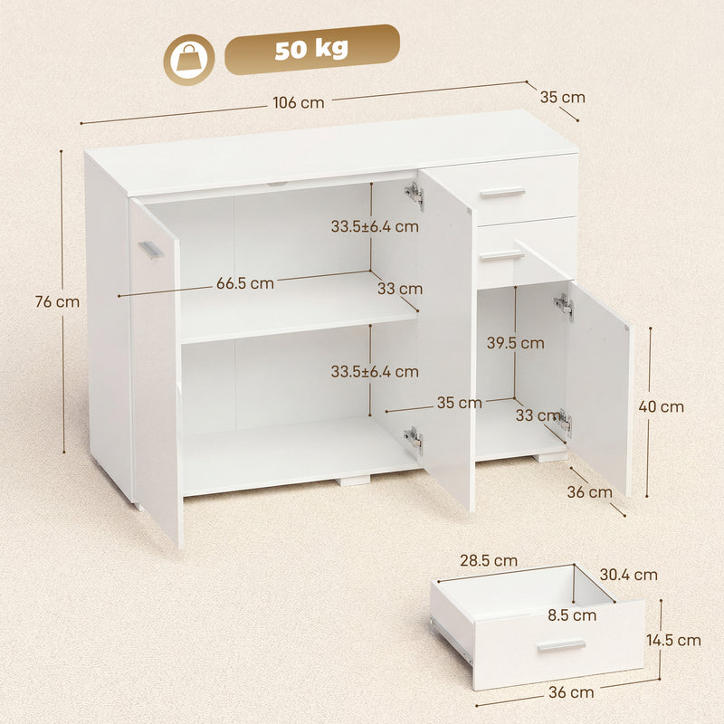 HOMCOM Sideboard, Modern Storage Cabinet with 2 Drawers, 3 Doors and Adjustable Shelves, High Gloss White – view 3