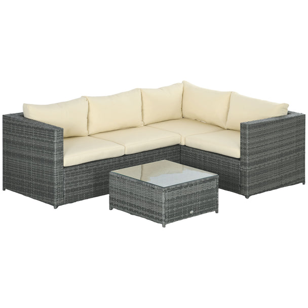 3-piece mixed grey rattan corner sofa set with beige cushions and glass coffee table