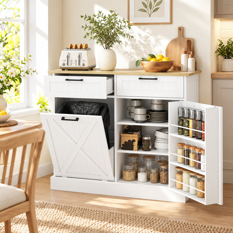 HOMCOM Sideboard with Tilt-out Trash Bin, Farmhouse Kitchen Sideboard with 2 Drawers, Adjustable Shelves, Door Racks – view 8