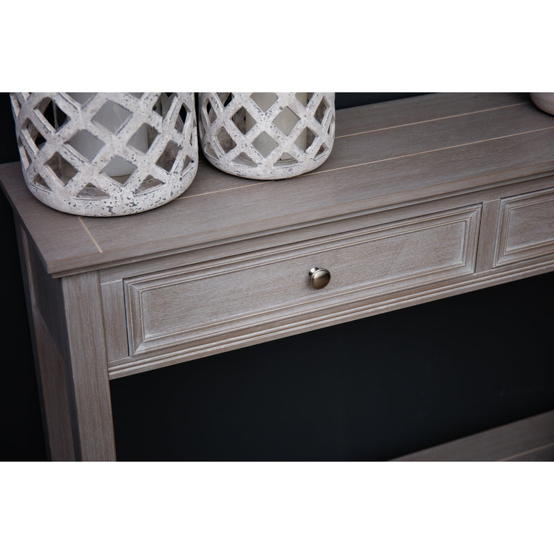 Close-up of the grey console table drawer and lower shelf