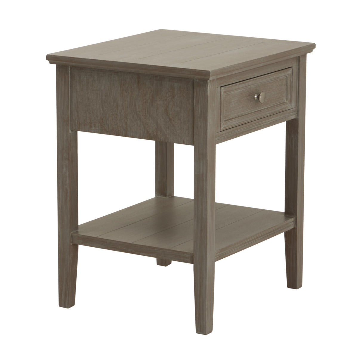 Serene grey oak-finish side table with drawer and shelf
