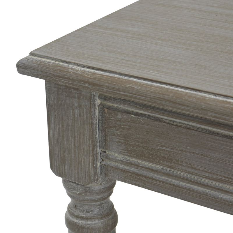 Close-up of the top edge, panelled side and turned leg