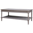Grey wood coffee table with rattan shelf, front view