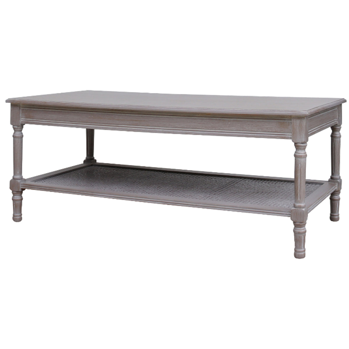 Grey wood coffee table with rattan shelf, front view
