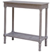 Serene grey console table with rattan shelf on white