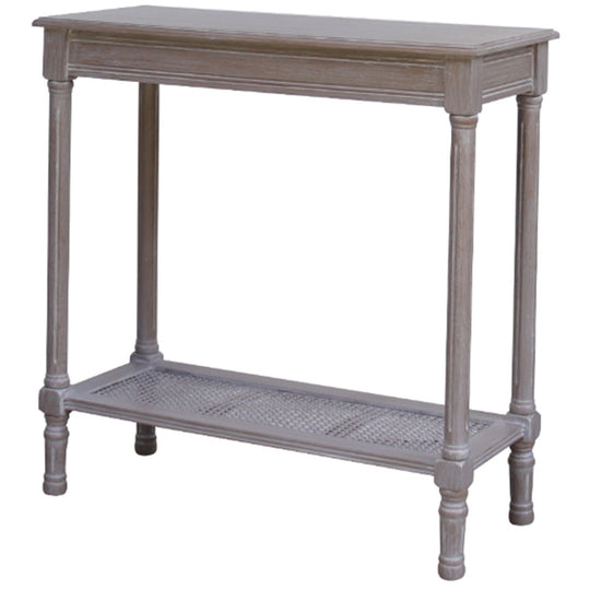 Serene grey console table with rattan shelf on white