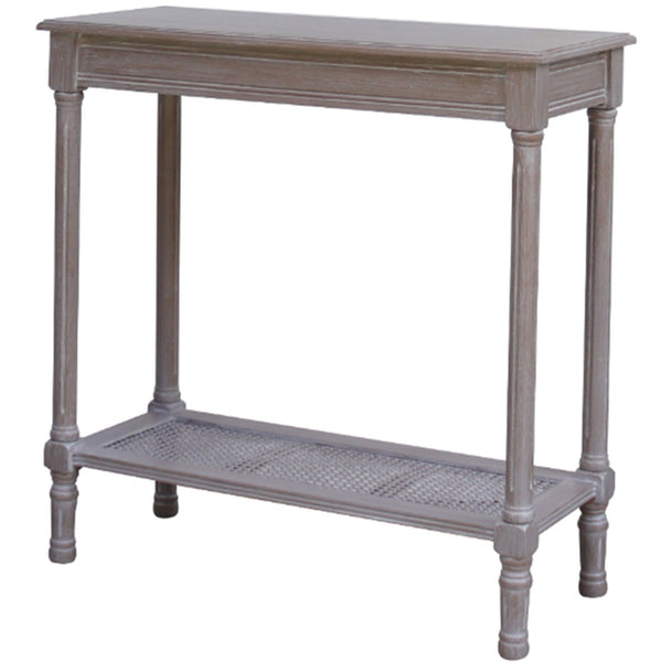 Serene grey console table with rattan shelf on white