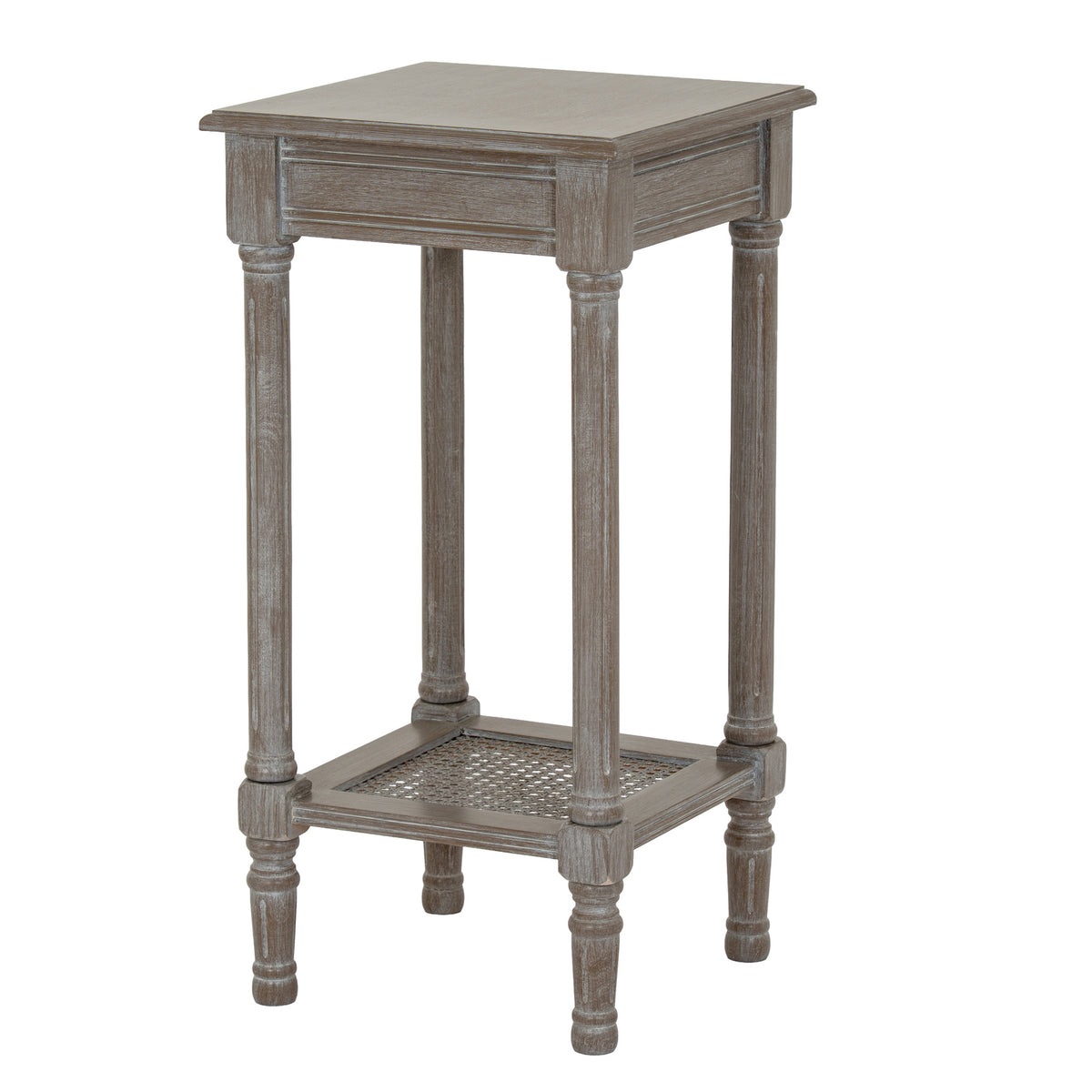 Serene grey side table with rattan shelf, three-quarter view