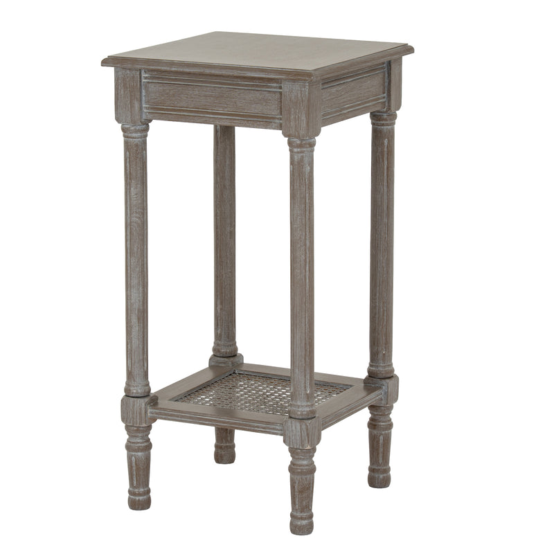 Serene grey side table with rattan shelf, three-quarter view
