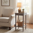 Serene side table beside an armchair with a lamp and basket