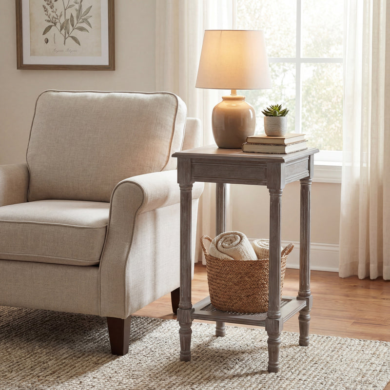 Serene side table beside an armchair with a lamp and basket