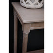 Corner of the grey console table top and turned leg