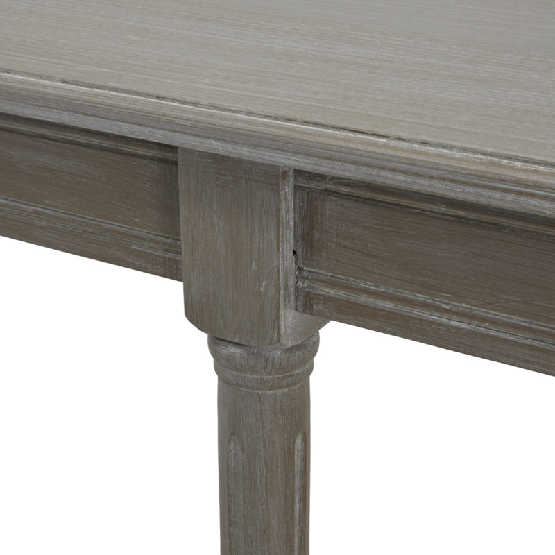 Close-up of the grey table top edge and leg