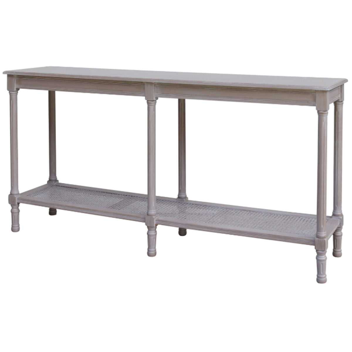 Serene large grey console table with rattan shelf on white