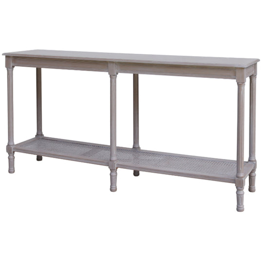 Serene large grey console table with rattan shelf on white